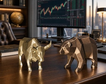 Bull and Bear Statue Set, Low-Poly Wall Street Finance Decor