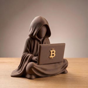 Könnte beinhalten: Eine braune Figur einer vermummten Gestalt, die im Schneidersitz sitzt und einen Laptop benutzt. Auf dem Laptopdeckel befindet sich ein auffälliges, goldfarbenes Bitcoin-Symbol. Die gesamte Skulptur hat eine matte braune Oberfläche.