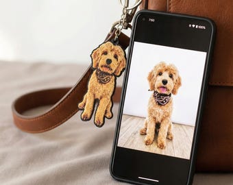 Puede incluir: Un llavero con temática de perro y un teléfono inteligente que muestra una foto de un perro. El llavero presenta un perro marrón con un pañuelo, sujeto a una correa de cuero marrón. El teléfono inteligente muestra una imagen de perro similar.