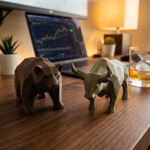 May include: A brown bear and a green bull sculpture sit on a wooden desk. The bear is on the left, and the bull is on the right. A laptop displaying a stock chart is in the background, along with a small plant and a glass of whiskey.