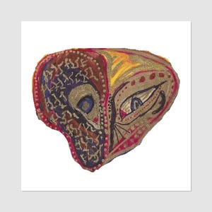 May include: Abstract artwork featuring a colorful, stylized face. The design is divided into halves, with one side showcasing intricate patterns in brown, blue, and gold, and the other side displaying an eye and gold accents.