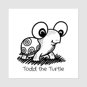 May include: A black and white cartoon illustration of a turtle named Todd. The turtle has large, round eyes and a shell with spiral designs. The text "Todd the Turtle" is below the turtle.