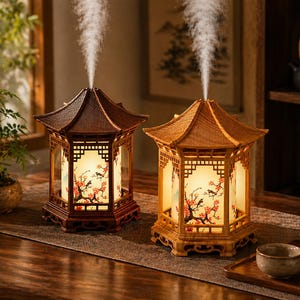 May include: Two pagoda-style essential oil diffusers. One is dark brown, the other is light brown. Both have a floral design on the illuminated panels. Each diffuser emits a stream of vapour.