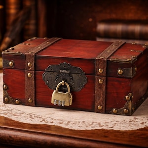 May include: A rectangular, antique-style wooden chest with a rich, reddish-brown finish. The chest features metal accents, including corner brackets, straps, and a lock. It rests on a lace doily, suggesting a vintage or decorative theme.