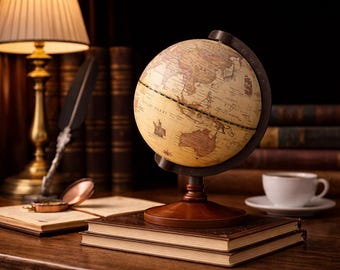 Globo terráqueo de madera para escritorio: estilo vintage retro (22 cm, mapa educativo)