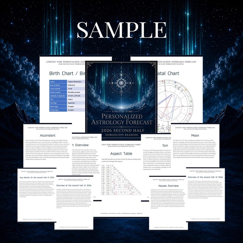 Op de afbeelding: Een verzameling gedrukte documenten getiteld Personalized Astrology Forecast 2026 Second Half, met een centrale voorpagina met een hemels ontwerp, een geboortehoroscoop, een aspectentabel en meerdere pagina's met tekst over astrologische voorspellingen.