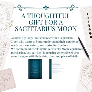 May include: A digital guide titled A THOUGHTFUL GIFT FOR A SAGITTARIUS MOON, featuring text about emotional needs and freedom. The image includes astrological charts, moon phase diagrams, a black pen, and two small previews of the guide's cover and contents.