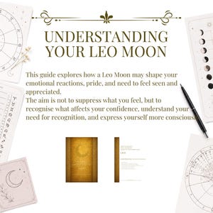 Puede incluir: Un documento titulado UNDERSTANDING YOUR LEO MOON con texto sobre reacciones emocionales y orgullo. Incluye un bol&iacute;grafo negro, cartas astrol&oacute;gicas y diagramas de fases lunares. Se muestran dos peque&ntilde;as portadas de libros, una dorada y otra blanca.