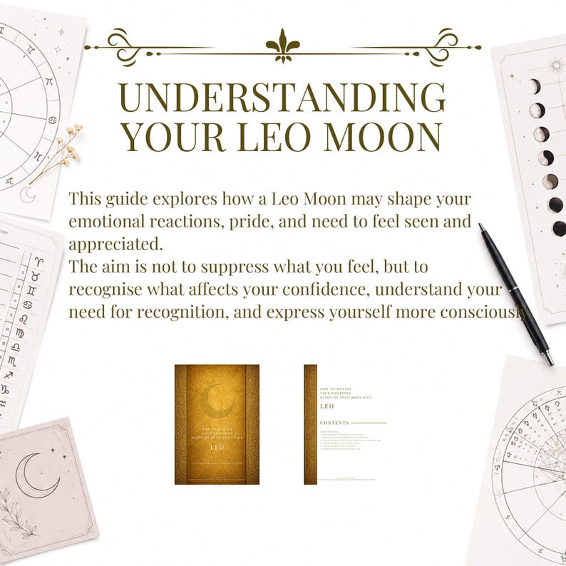 Puede incluir: Un documento titulado UNDERSTANDING YOUR LEO MOON con texto sobre reacciones emocionales y orgullo. Incluye un bol&iacute;grafo negro, cartas astrol&oacute;gicas y diagramas de fases lunares. Se muestran dos peque&ntilde;as portadas de libros, una dorada y otra blanca.