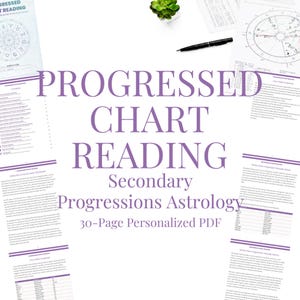 Puede incluir: Un documento PDF personalizado de 30 páginas titulado Progressed Chart Reading Secondary Progressions Astrology. El informe incluye páginas impresas con cartas astrológicas, tablas y texto, acompañadas de un bolígrafo negro y una pequeña planta suculenta verde.