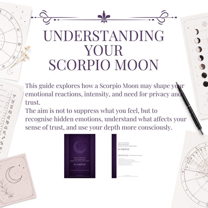 May include: A guide titled Understanding Your Scorpio Moon with text about emotional reactions, intensity, and trust. The document is surrounded by astrological charts, moon phase diagrams, and a black pen, featuring a purple cover and contents page.