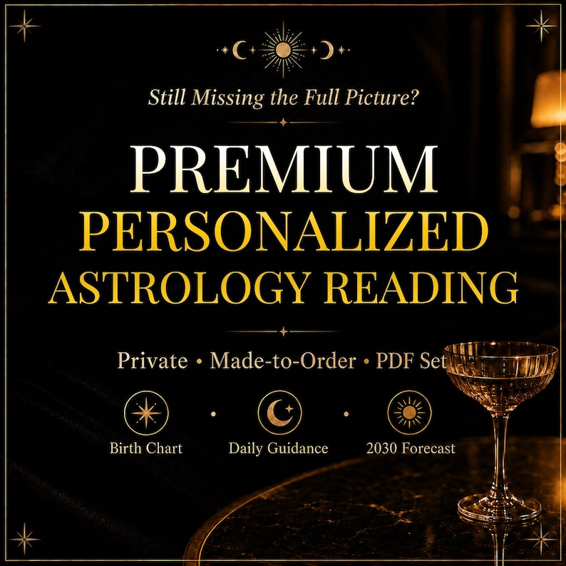 May include: A black background with gold text that reads "PREMIUM PERSONALIZED ASTROLOGY READING." The image includes a champagne glass and icons for birth chart, daily guidance, and 2030 forecast. The text "Still Missing the Full Picture?" is at the top.