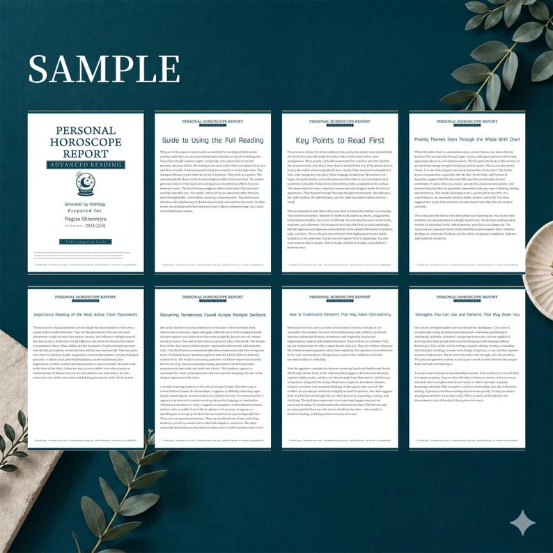 May include: A collection of eight white pages with text, arranged on a dark teal surface. The top left page reads "PERSONAL HOROSCOPE REPORT ADVANCED READING" with the word "SAMPLE" above. The pages provide guidance on reading a horoscope.