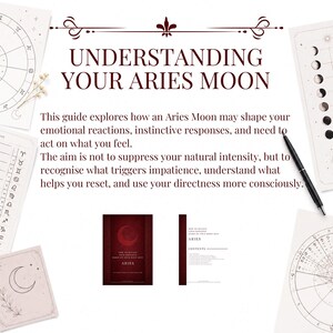 Puede incluir: Una gu&iacute;a impresa titulada Understanding Your Aries Moon con texto en rojo oscuro y un bol&iacute;grafo negro. El documento explora reacciones emocionales y respuestas instintivas. Rodeando el texto hay ilustraciones de cartas zodiacales y fases lunares.