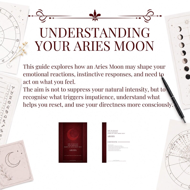 Puede incluir: Una gu&iacute;a impresa titulada Understanding Your Aries Moon con texto en rojo oscuro y un bol&iacute;grafo negro. El documento explora reacciones emocionales y respuestas instintivas. Rodeando el texto hay ilustraciones de cartas zodiacales y fases lunares.