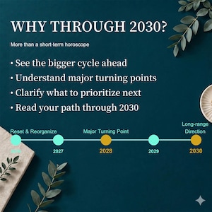 May include: A teal graphic with the text "WHY THROUGH 2030?" and bullet points about understanding cycles and prioritizing. A timeline shows years 2026-2030 with key points labeled.