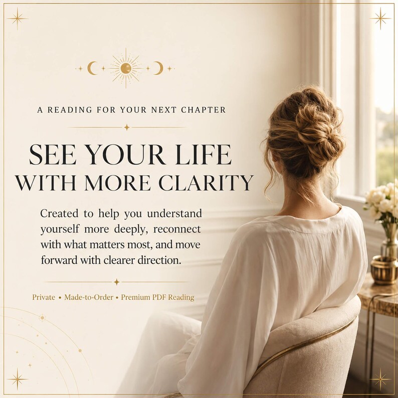 May include: Image with text: "A READING FOR YOUR NEXT CHAPTER SEE YOUR LIFE WITH MORE CLARITY." The image also includes the text: "Created to help you understand yourself more deeply, reconnect with what matters most, and move forward with clearer direction."