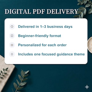 May include: Image with the text "DIGITAL PDF DELIVERY". The text is on a white background with bullet points that read: "Delivered in 1-3 business days", "Beginner-friendly format", "Personalized for each order", and "Includes one focused guidance theme".