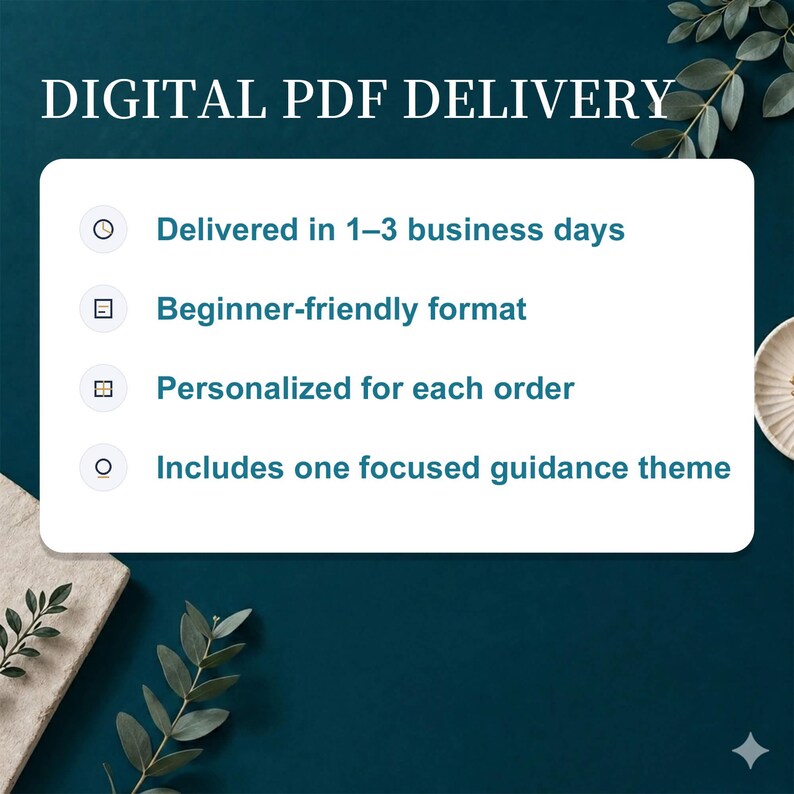 May include: Image with the text "DIGITAL PDF DELIVERY". The text is on a white background with bullet points that read: "Delivered in 1-3 business days", "Beginner-friendly format", "Personalized for each order", and "Includes one focused guidance theme".