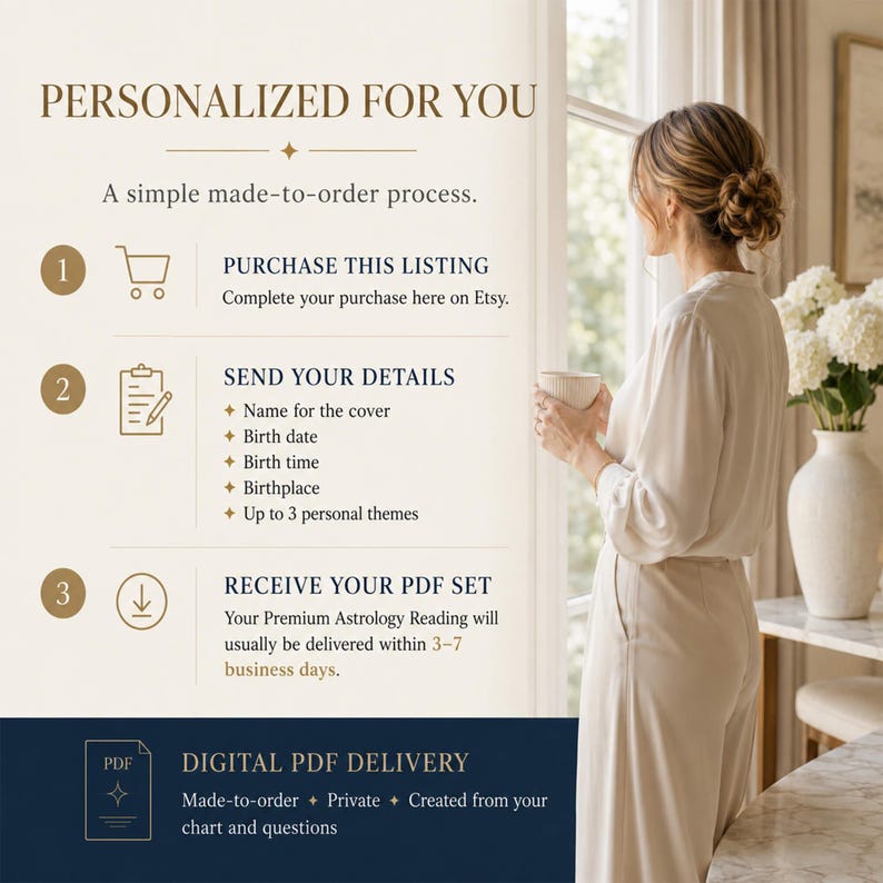 May include: Image showing a step-by-step guide for a personalized astrology reading. The text reads "PERSONALIZED FOR YOU" and details the process: purchase, send details (name, birthdate, time, place, themes), and receive a PDF set.