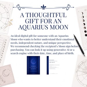 May include: A digital guide titled A THOUGHTFUL GIFT FOR AN AQUARIUS MOON, featuring text about emotional needs and independent nature. The layout includes astrological charts, a moon phase diagram, and two small blue book covers with the text AQUARIUS.