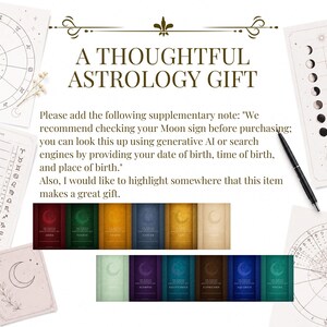 May include: A collection of twelve rectangular astrology cards in various colors, each featuring a crescent moon icon and zodiac sign name. The cards are surrounded by astrological charts, a black pen, and text that reads A THOUGHTFUL ASTROLOGY GIFT.