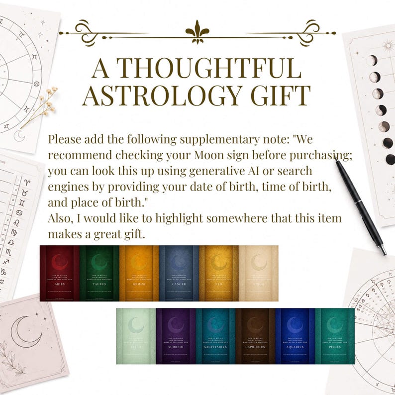 May include: A collection of twelve rectangular astrology cards in various colors, each featuring a crescent moon icon and zodiac sign name. The cards are surrounded by astrological charts, a black pen, and text that reads A THOUGHTFUL ASTROLOGY GIFT.