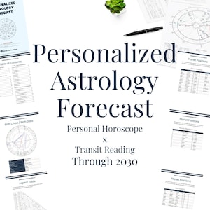 May include: A personalized astrology forecast document set featuring a birth chart, planet positions, and transit reading through 2030. The pages include tables, circular zodiac diagrams, and text headers. A black pen and a small green succulent are visible.