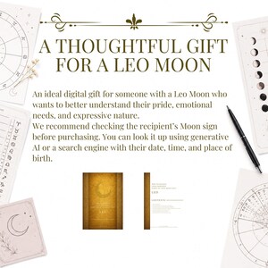 Puede incluir: Un documento digital titulado A THOUGHTFUL GIFT FOR A LEO MOON, con texto sobre necesidades emocionales, un bol&iacute;grafo negro y cartas astrol&oacute;gicas que incluyen fases lunares y signos del zodiaco sobre fondo blanco y dorado.