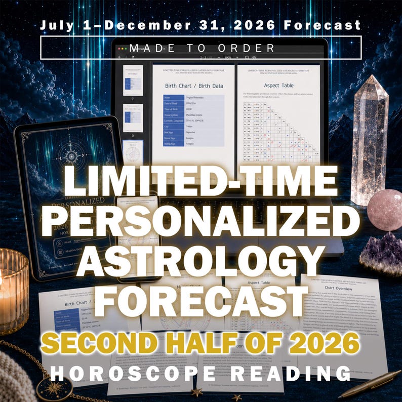 Op de afbeelding: Een digitaal astrologisch voorspellingsrapport voor 1 juli tot 31 december 2026, weergegeven op een laptopscherm en geprinte pagina's. De documenten bevatten geboortehoroscopen en aspecttabellen met de tekst "MADE TO ORDER" en "LIMITED-TIME PERSONALIZED ASTROLOGY FORECAST SECOND HALF OF 2026 HOROSCOPE READING."