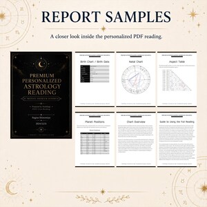 May include: Report samples for a premium personalized astrology reading. The image shows a black and gold cover with the text "Premium Personalized Astrology Reading" and several pages with charts and tables. The text includes "Birth Chart / Birth Data" and "Natal Chart".