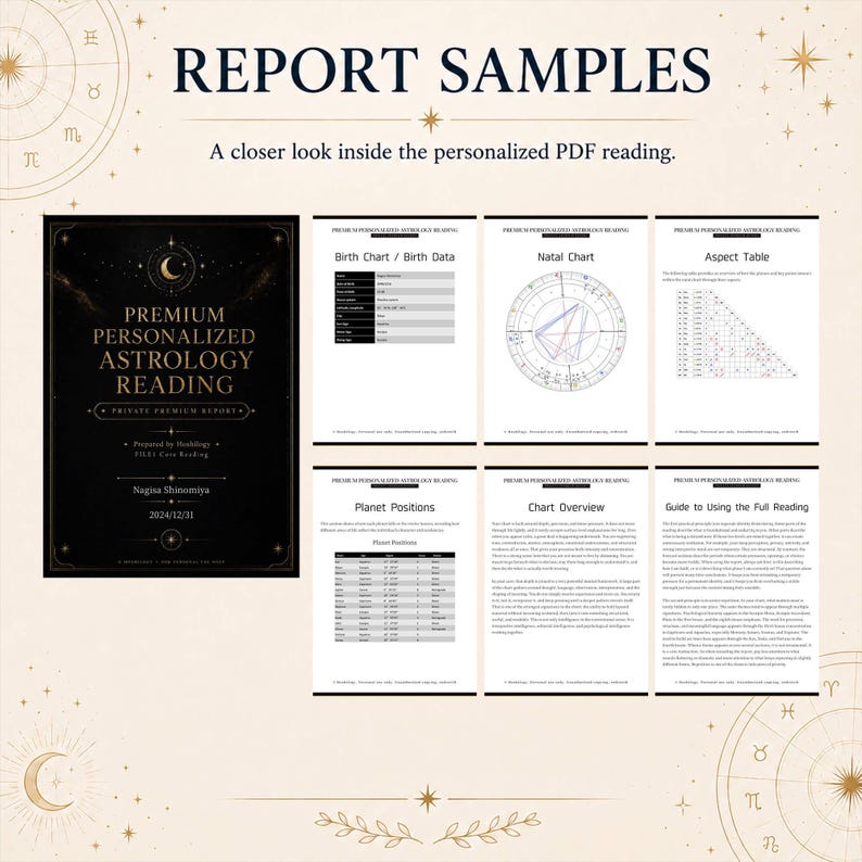May include: Report samples for a premium personalized astrology reading. The image shows a black and gold cover with the text "Premium Personalized Astrology Reading" and several pages with charts and tables. The text includes "Birth Chart / Birth Data" and "Natal Chart".