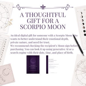 May include: A digital document titled A THOUGHTFUL GIFT FOR A SCORPIO MOON, featuring text about emotional depth and trust. The layout includes astrological charts, moon phases, a black pen, and two small preview pages of a Scorpio guide.