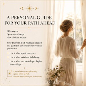 May include: A digital guide titled "A Personal Guide For Your Path Ahead" with text about life changes and new choices. A woman stands by a window, looking out. The image includes a floral arrangement and a cup on a table.