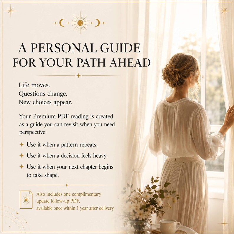 May include: A digital guide titled "A Personal Guide For Your Path Ahead" with text about life changes and new choices. A woman stands by a window, looking out. The image includes a floral arrangement and a cup on a table.