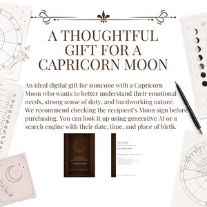 Może przedstawiać: Cyfrowy przewodnik zatytułowany A THOUGHTFUL GIFT FOR A CAPRICORN MOON, zawierający mapy astrologiczne, diagramy faz księżyca i czarny długopis. Tekst wyjaśnia, jak zarządzać emocjami w oparciu o znak księżycowy Koziorożca.