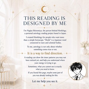 Może przedstawiać: Kremowa grafika z tekstem "THIS READING IS DESIGNED BY ME" i dodatkowym tekstem o astrologii i wskaz&oacute;wkach. Projekt zawiera p&oacute;łksiężyc i akcenty gwiazd, z ilustracją osoby w stylu mangi.