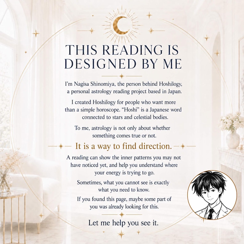 Może przedstawiać: Kremowa grafika z tekstem "THIS READING IS DESIGNED BY ME" i dodatkowym tekstem o astrologii i wskaz&oacute;wkach. Projekt zawiera p&oacute;łksiężyc i akcenty gwiazd, z ilustracją osoby w stylu mangi.