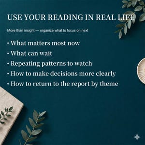 May include: Dark teal background with white text that reads "USE YOUR READING IN REAL LIFE." Bullet points list topics including "What matters most now" and "How to make decisions more clearly." Decorative leaves and a plate are in the corners.