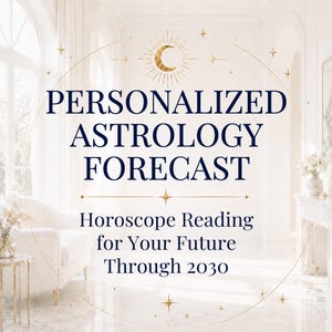 Może przedstawiać: Obraz z tekstem "PERSONALIZED ASTROLOGY FORECAST" w kolorze granatowym, ze słowami "Horoscope Reading for Your Future Through 2030" poniżej. Obraz ma złote akcenty w postaci p&oacute;łksiężyca i gwiazd.