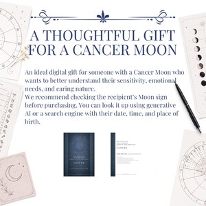 Puede incluir: Un documento digital titulado A THOUGHTFUL GIFT FOR A CANCER MOON, con cartas astrol&oacute;gicas, un bol&iacute;grafo negro y dos p&aacute;ginas de una gu&iacute;a sobre los signos lunares de C&aacute;ncer. El texto explica c&oacute;mo comprender las necesidades emocionales.