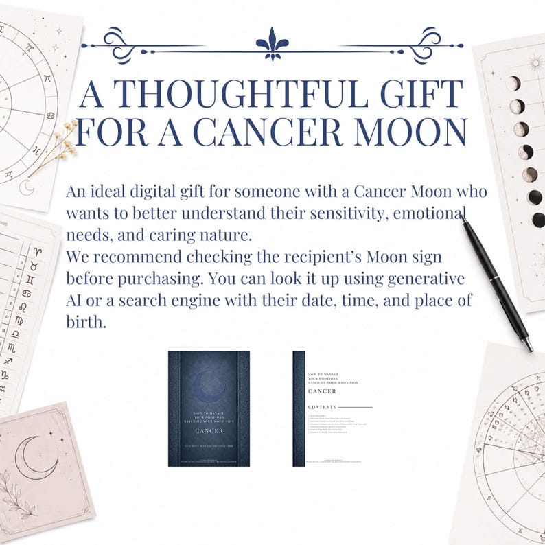 Puede incluir: Un documento digital titulado A THOUGHTFUL GIFT FOR A CANCER MOON, con cartas astrol&oacute;gicas, un bol&iacute;grafo negro y dos p&aacute;ginas de una gu&iacute;a sobre los signos lunares de C&aacute;ncer. El texto explica c&oacute;mo comprender las necesidades emocionales.