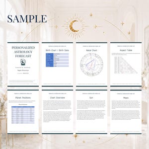 Może przedstawiać: Spersonalizowany horoskop astrologiczny z napisem "SAMPLE" na g&oacute;rze. Prognoza zawiera wykresy i tabele, takie jak horoskop urodzeniowy, horoskop urodzeniowy, tabela aspekt&oacute;w i pozycje planet. Projekt zawiera elementy niebieskie.