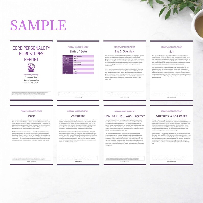 K&ouml;nnte beinhalten: Acht wei&szlig;e Seiten mit lila &Uuml;berschriften und Text, darunter "Core Personality Horoscopes Report", "Birth of Date" und "Big 3 Overview". Das Wort "SAMPLE" steht oben in Lila. Eine Tasse Kaffee und Gr&uuml;nzeug sind im Hintergrund.