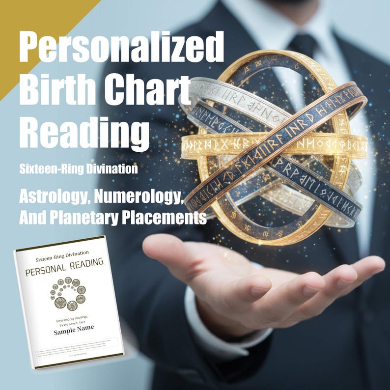May include: An advertisement for personalized birth chart readings. The image features the text "Personalized Birth Chart Reading" and details "Astrology, Numerology, And Planetary Placements." A sixteen-ring divination model is held in a person's hand, and a book titled "Personal Reading" is also shown.