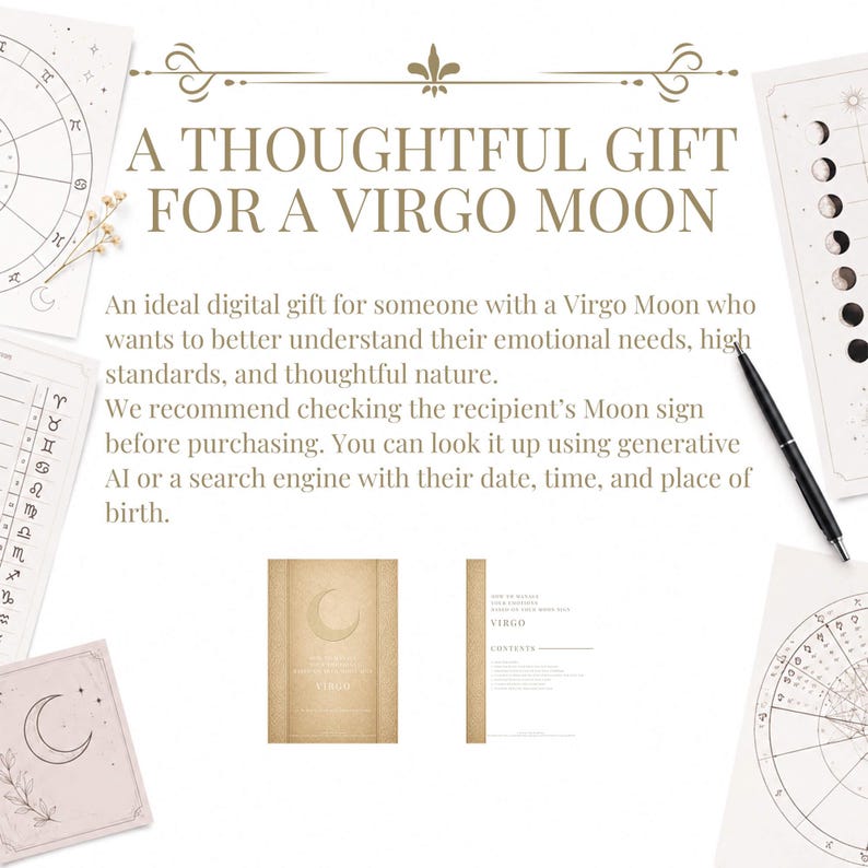 May include: A digital guide titled A THOUGHTFUL GIFT FOR A VIRGO MOON, featuring astrological charts, moon phase diagrams, and a black pen. The guide includes a cover with a crescent moon icon and a contents page labeled VIRGO on a tan background.