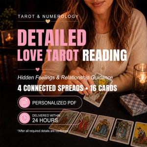 以下が含まれることがあります： タロット占いサービスの広告。Tarot & Numerology Detailed Love Tarot Reading, Hidden Feelings & Relationship Guidance, 4 Connected Spreads, 16 Cards, Personalized PDF, Delivered Within 24 Hoursというテキストが表示されています。