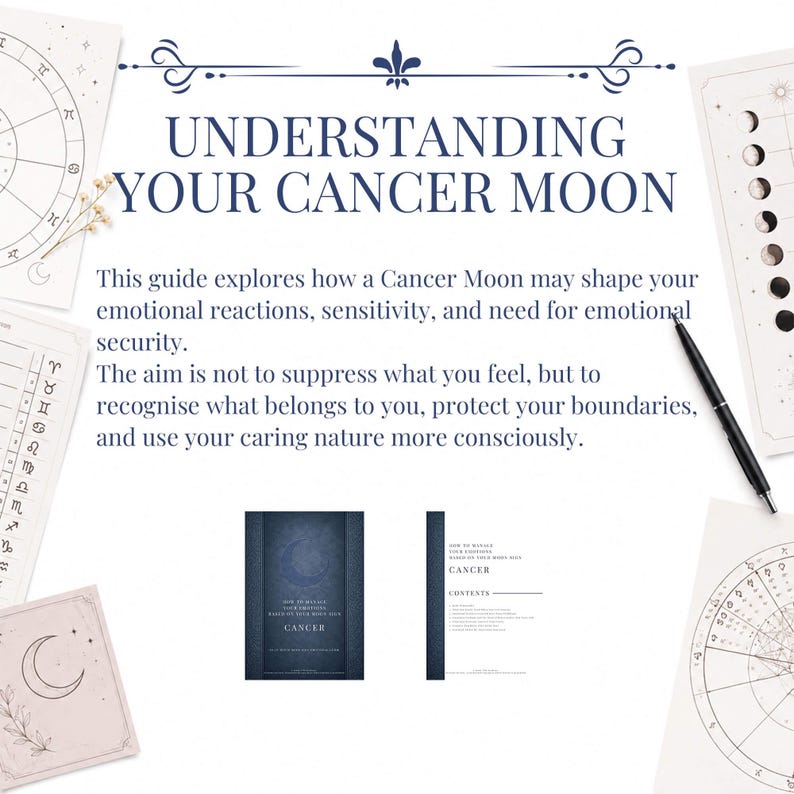 Puede incluir: Una gu&iacute;a digital titulada Understanding Your Cancer Moon, con texto sobre reacciones emocionales y l&iacute;mites. El dise&ntilde;o incluye cartas astrol&oacute;gicas, un bol&iacute;grafo negro y dos vistas previas de portadas de libros con una luna azul oscuro.