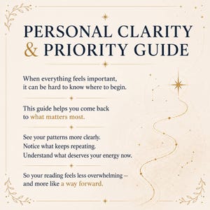 May include: A cream-colored guide titled "PERSONAL CLARITY & PRIORITY GUIDE" with gold text and decorative elements. The guide offers advice on prioritizing and understanding patterns. Text includes phrases like "what matters most" and "a way forward."