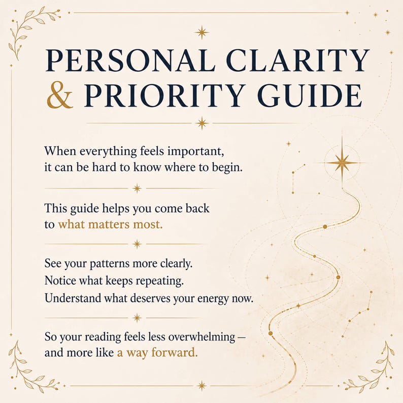 May include: A cream-colored guide titled "PERSONAL CLARITY & PRIORITY GUIDE" with gold text and decorative elements. The guide offers advice on prioritizing and understanding patterns. Text includes phrases like "what matters most" and "a way forward."